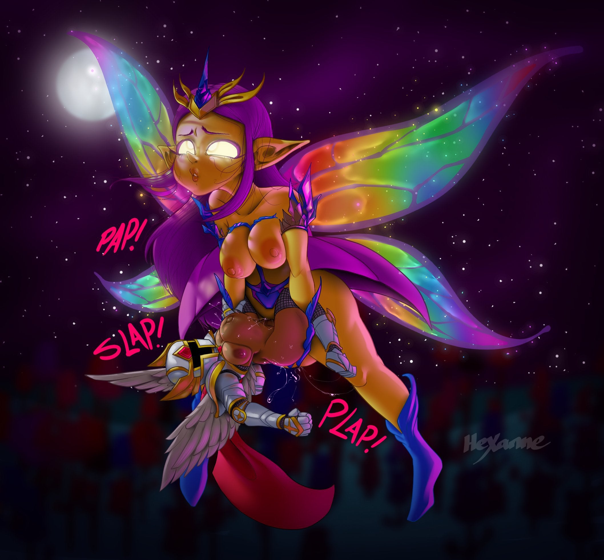 1futa, 1girls, armour, balls, barely visible balls, belly bulge, big penis, empress of light, fairy, fairy wings, female, flying, futa on female, futanari, hexanne, intersex, larger futa, monster girl, penetration, penis, pink hair, rape, smaller female, stomach bulge, terraria, yellow skin