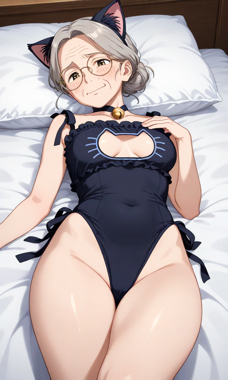 ai_generated cat_costume cat_ears chest_window cosplay gilf glasses gray_hair hair_bun mature mature_female mature_woman medium_breasts wrinkles