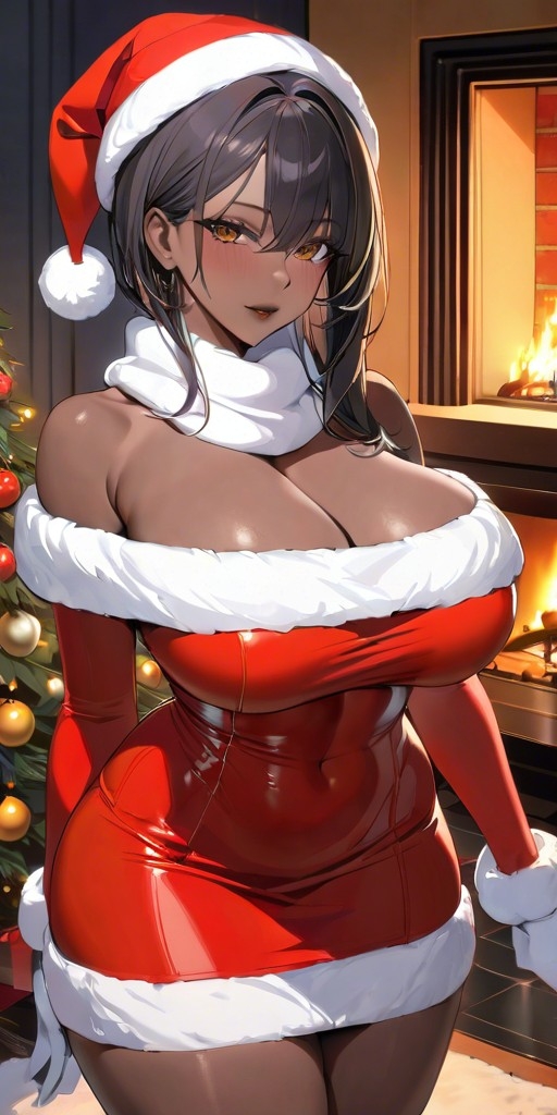 1girls ai_generated bare_legs bare_shoulders big_breasts black_hair blush brown_eyes christmas christmas_clothing christmas_hat christmas_headwear christmas_lights christmas_outfit christmas_present christmas_tree cleavage commentary_request curvy curvy_figure dark-skinned_female dark_hair dark_lips dark_lipstick dark_skin dress earrings female female_focus female_only fireplace fur_trim gloves hat hourglass_figure indoors inside large_breasts lia_the_busty_redhead living_room long_hair looking_at_viewer makeup mature mature_female mature_woman minidress off_shoulder original original_character presents scarf seductive self_upload short_dress solo solo_female solo_focus tagme white_gloves wide_hips