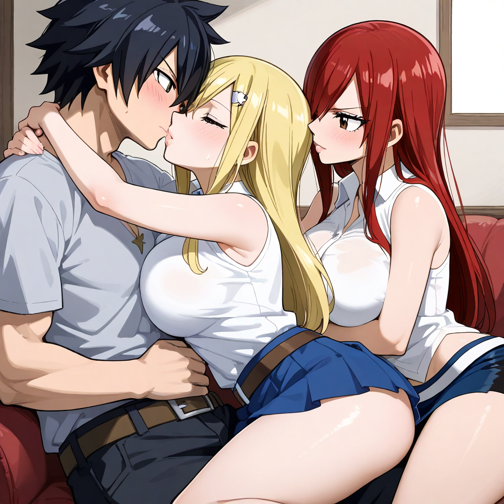 1boy 2girls ai_generated blonde_hair erza_scarlet fairy_tail female gray_fullbuster lucy_heartfilia male red_hair threesome