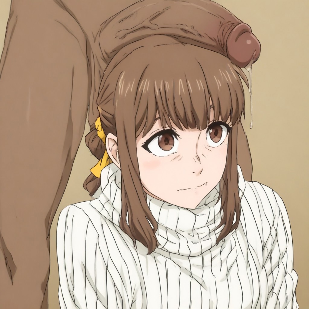 1boy 1girls ai_generated blue_lock brown_eyes brown_hair cock_shock crows_feet cum_drip eye_bags female isagi_iyo mature_female milfs older_female penis penis_awe penis_on_head precum self_upload sweater turtleneck women