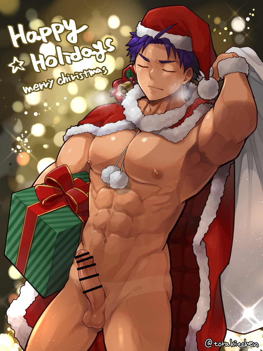 1boy abs armpits arms_up bag balls bell between_breasts big_areola big_breasts big_penis cape cape_only censor_bar censored censored_penis christmas christmas_clothing christmas_hat christmas_headwear christmas_outfit christmas_present closed_eyes completely_nude ebitendon erection foreskin_folds frenulum frown gift gift_bag gift_box half-closed_eyes happy_holidays hat_only hi_res holding_object male male_breasts male_only manly mature_male merry_christmas mistletoe muscles muscular muscular_arms muscular_legs muscular_male muscular_thighs navel object_between_breasts oppai original_character pecs penis pom_poms pubic_hair purple_hair red_clothing sack santa_costume santa_hat short_hair six_pack solo sparkles standing steam steamy_breath sweat sweatdrop tan_body tanline testicles thick_arms torakichi_(ebitendon) torakitchen v-shaped_eyebrows wristband