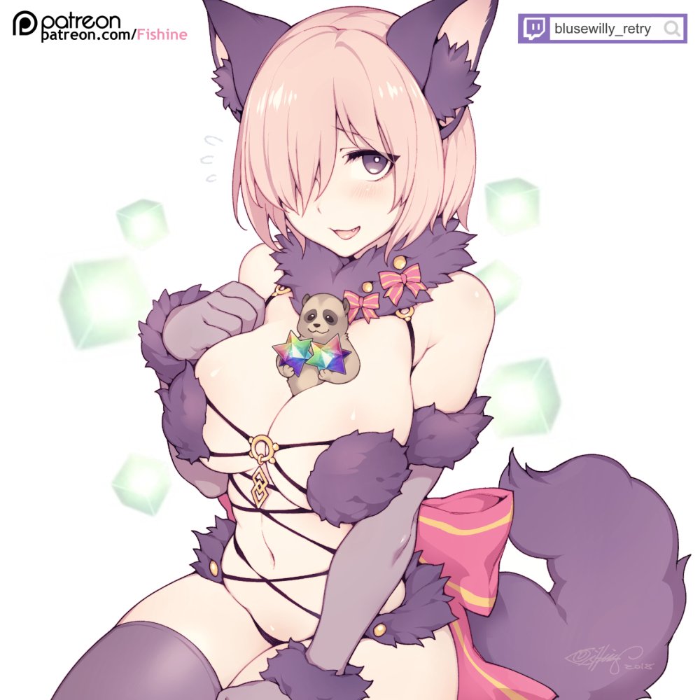 1girls, animal ears, animal tail, big breasts, blush, breasts, cosplay, curvy, cute fang, elbow gloves, fate (series), fate/grand order, female, fishine, fur bikini, hair over one eye, huge breasts, light skin, light-skinned female, looking at viewer, mash kyrielight, mash kyrielight (dangerous beast), pale skin, pale-skinned female, pink hair, sitting, solo, thighhighs, wolf costume, wolf ears