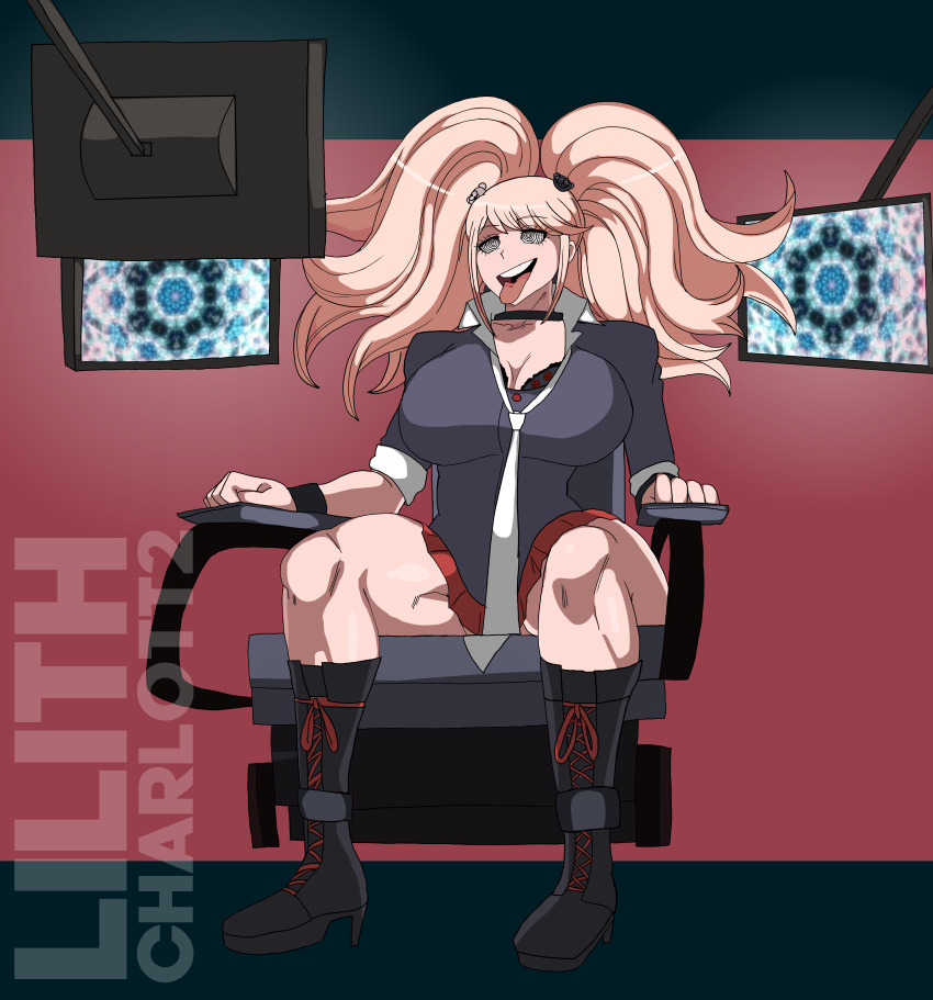 big_breasts blonde_hair blue_eyes breasts cleavage clothed clothing dangan_ronpa danganronpa danganronpa:_trigger_happy_havoc danganronpa_1 female_only femsub forced forced_to_watch happy_trance high_heels hypnosis hypnosis hypnotic_eyes hypnotic_screen junko_enoshima large_breasts light-skinned_female light_skin lilithcharlott2 long_hair looking_at_monitor looking_at_television open_mouth restrained sitting skirt solo spiral_eyes tongue tongue_out twintails watermark