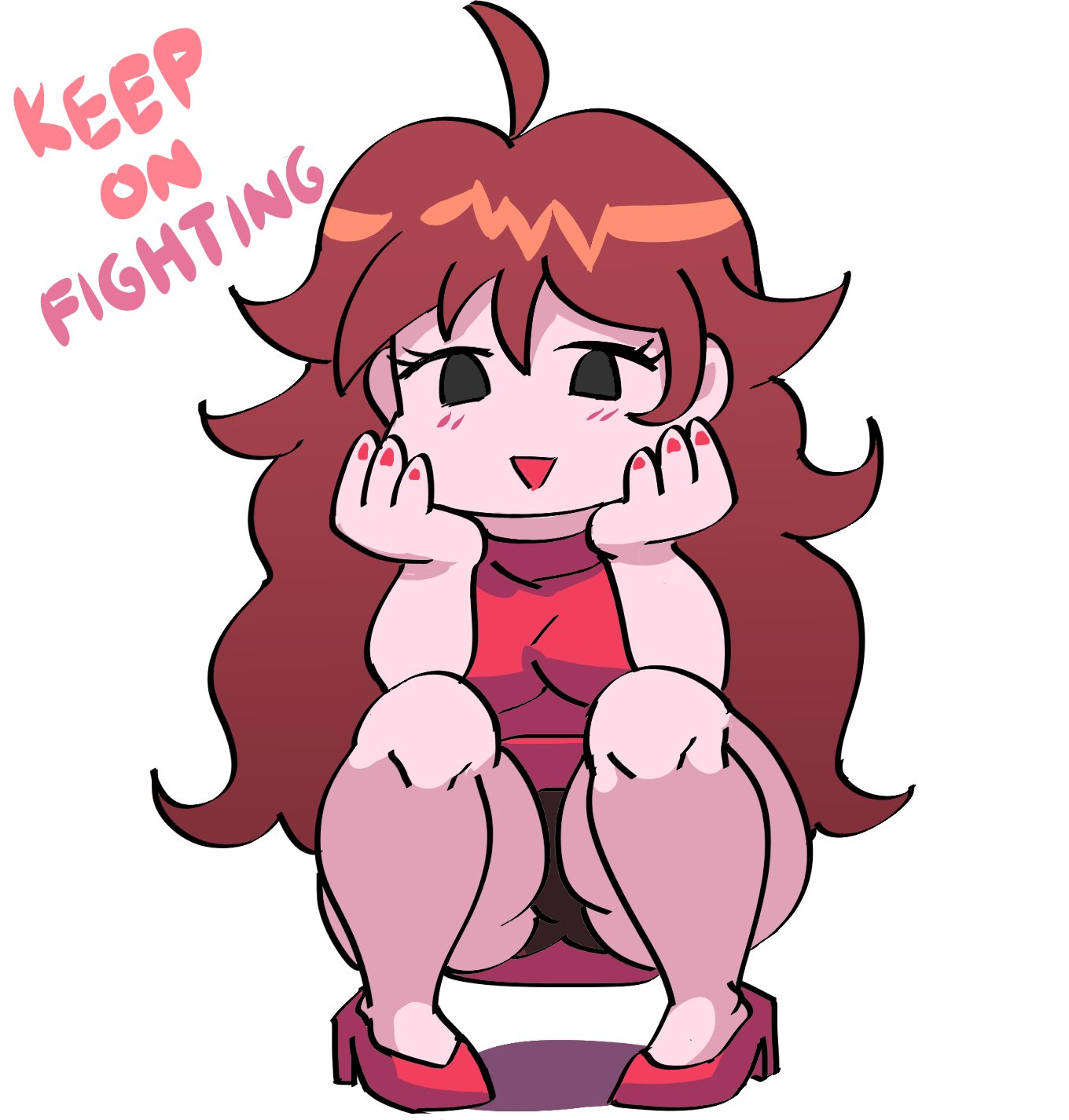 1girls, black panties, blush, brown hair, encouragement, english text, female, friday night funkin, girlfriend (friday night funkin), panties, pantyshot, red dress, smile, solo, solo female, squatting, thick thighs, upskirt, white background, ytrall