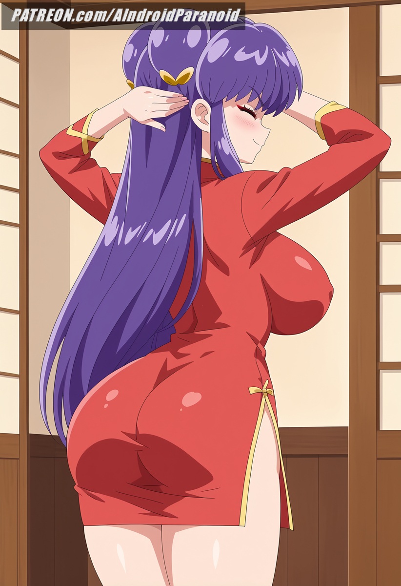 ai_generated aindroidparanoid ass ass_focus big_ass big_breasts big_butt buns busty chinadress chinese_clothes clothing curvy cute dress fat_ass female female_only from_behind hips huge_ass huge_breasts large_ass large_breasts legs long_hair narrow_waist purple_hair ranma_1/2 red_eyes shampoo_(ranma_1/2) slim_waist stable_diffusion thick_ass thick_thighs tight_clothing voluptuous waist wide_hips