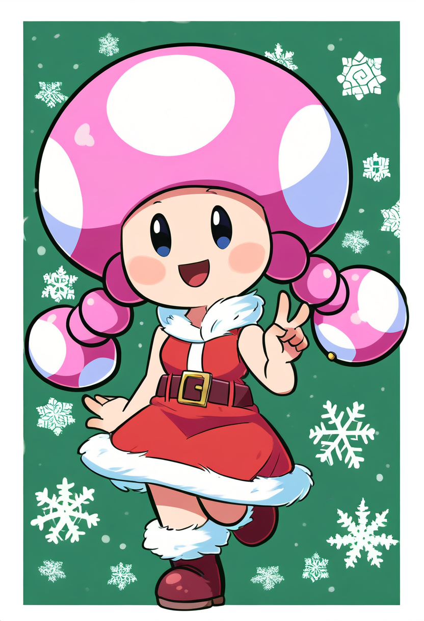 ai_generated christmas christmas_outfit mario_(series) novelai smiling_at_viewer snowflake toadette v_sign