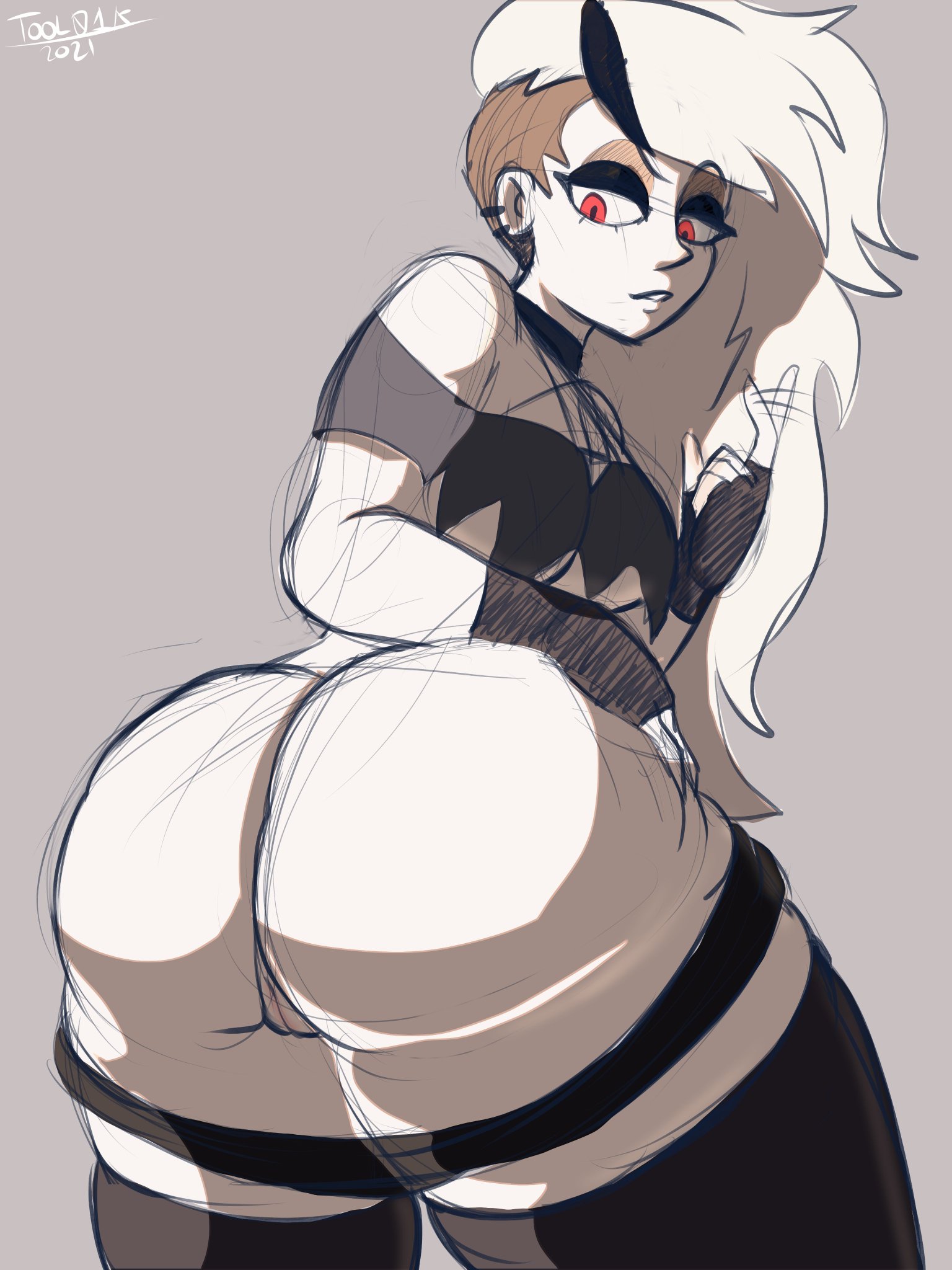 1girls, admiring, admiring ass, admiring self, alt girl, ass, big ass, big bubble butt, big butt, big thighs, bubble butt, female, goth, goth girl, helluva boss, human, human loona, humanized, looking at own butt, looking back, loona (helluva boss), punk, punk girl, pussy, sidecut, tagme, tomboyish, tool01k, vivienne medrano