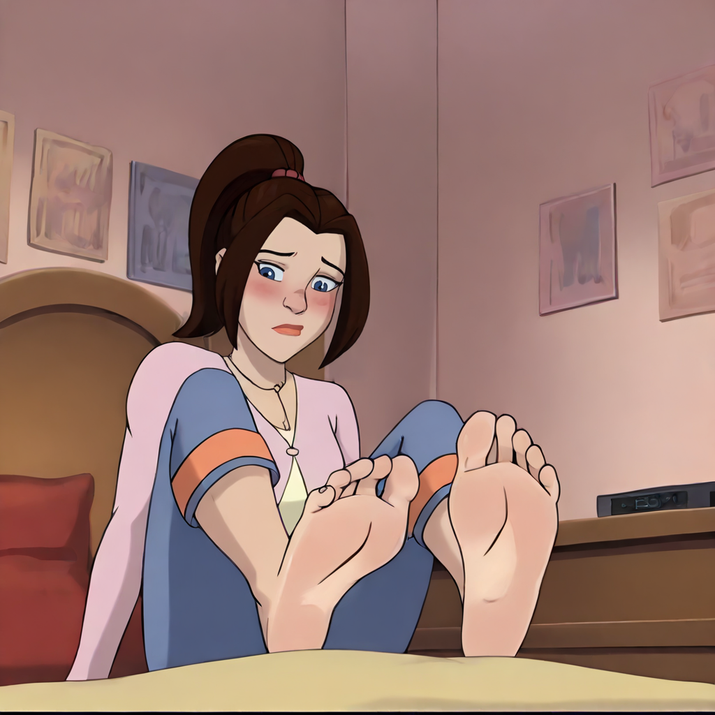 1girls ai_generated barefoot bedroom blue_eyes brown_hair capri_pants foot_fetish foot_focus indoors kitty_pryde marvel marvel_comics parted_bangs ponytail shadowcat shirt_under_shirt shy soles stable_diffusion superheroine x-men x-men_evolution