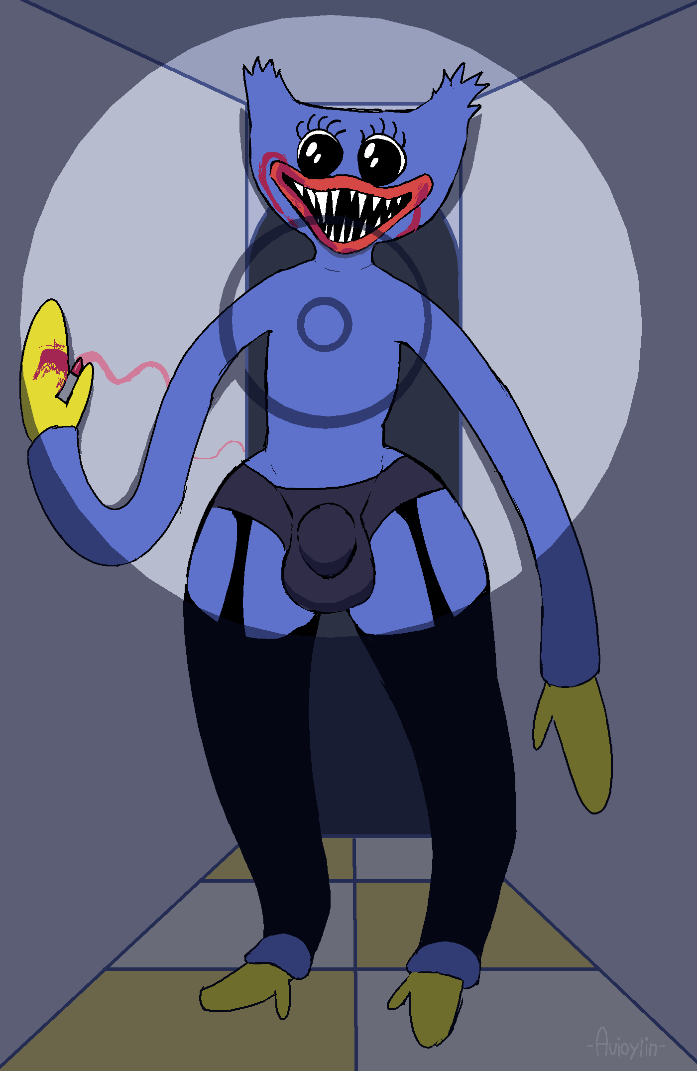 anthro avioylin bulge clothed clothing creepypasta crossdressing detailed_bulge eyelashes femboy garter_belt garter_straps hi_res huggy_wuggy humor lipstick looking_at_viewer makeup male mob_entertainment monster partially_clothed poppy_playtime sharp_teeth solo teeth thick_thighs toy