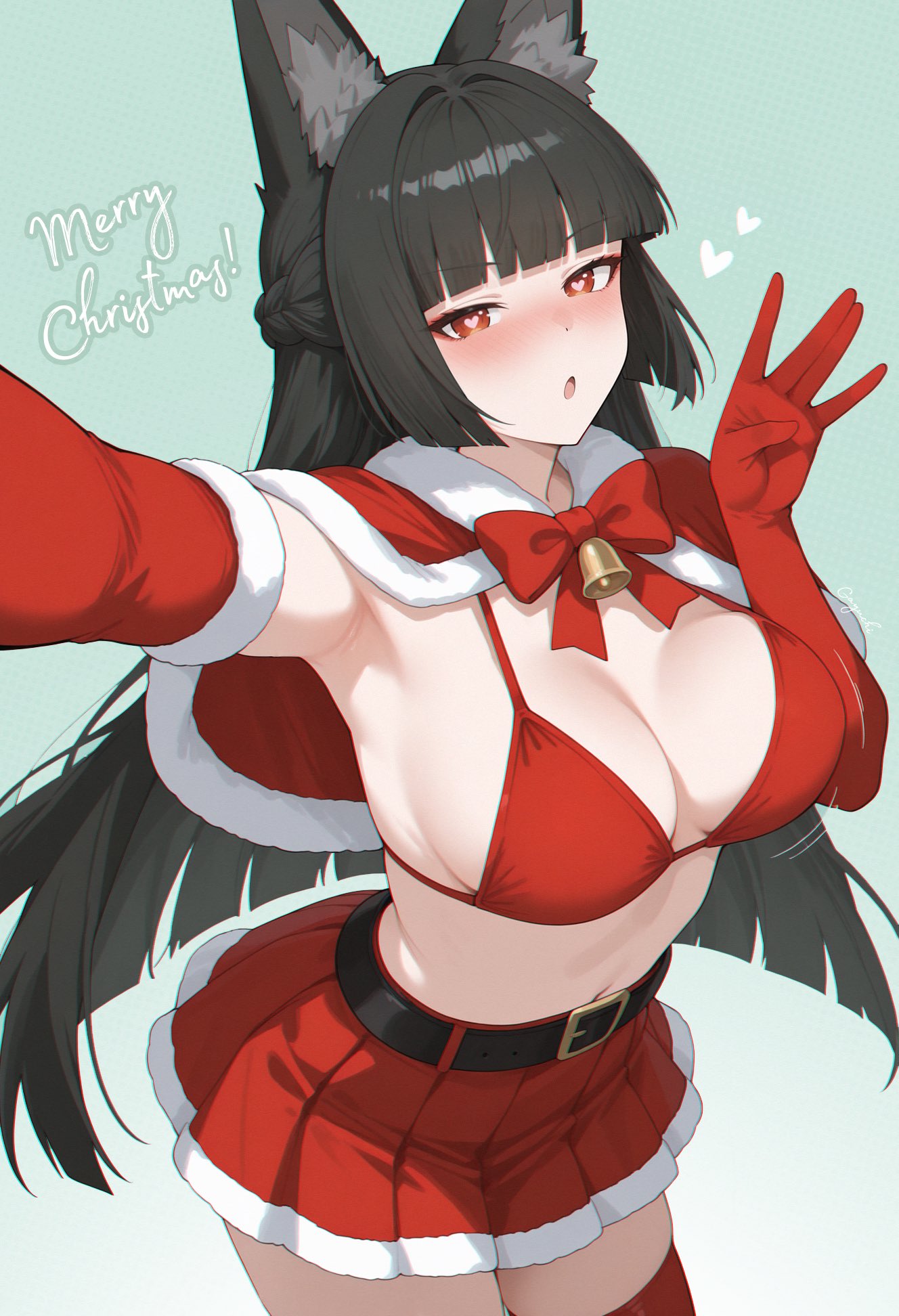 anthro armpits bikini_top bouncing_breasts breasts busty christmas christmas_outfit cleavage english_text female fox fox_ears fox_girl heart-shaped_pupils hoshimi_miyabi large_breasts looking_at_viewer merry_christmas red_eyes selfie skirt zenless_zone_zero