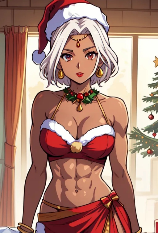 abs ai_generated bangle bare_shoulders christmas christmas_clothing christmas_headwear christmas_outfit cleavage earrings forehead_jewel hourglass_figure indian indian_clothes indian_female navel neckwear red_eyes santa_costume santa_hat saree sari short_hair slim_waist white_hair wide_hips