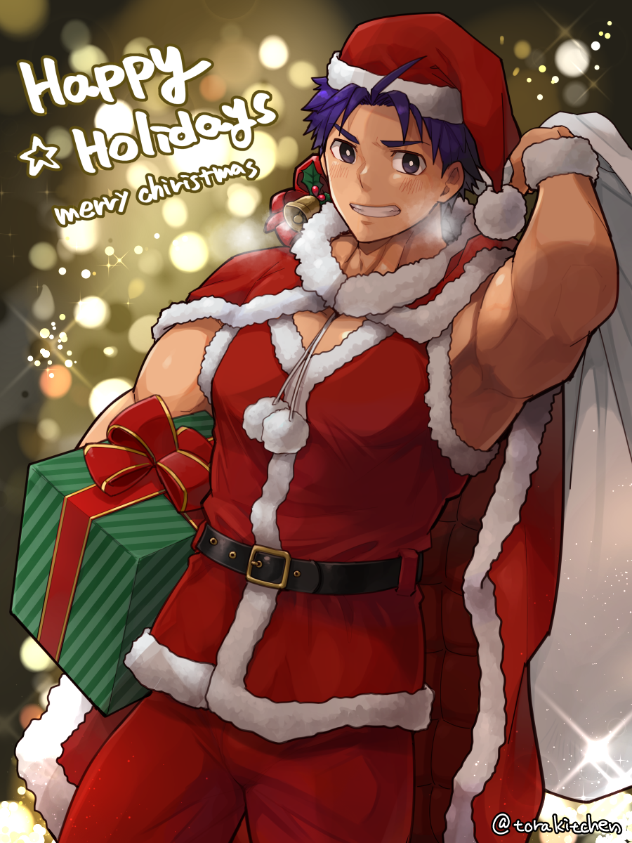 1boy armpits arms_up bag bell belt cape christmas christmas_clothing christmas_hat christmas_headwear christmas_outfit christmas_present clothed ebitendon frown gift gift_bag gift_box grin happy_holidays hi_res holding_object looking_at_viewer male male_only manly mature_male merry_christmas mistletoe muscles muscular muscular_arms muscular_male original_character pecs pom_poms purple_eyes purple_hair red_clothing sack santa_costume santa_hat short_hair sleeveless solo sparkles standing steam steamy_breath thick_arms torakichi_(ebitendon) torakitchen v-shaped_eyebrows vest wristband