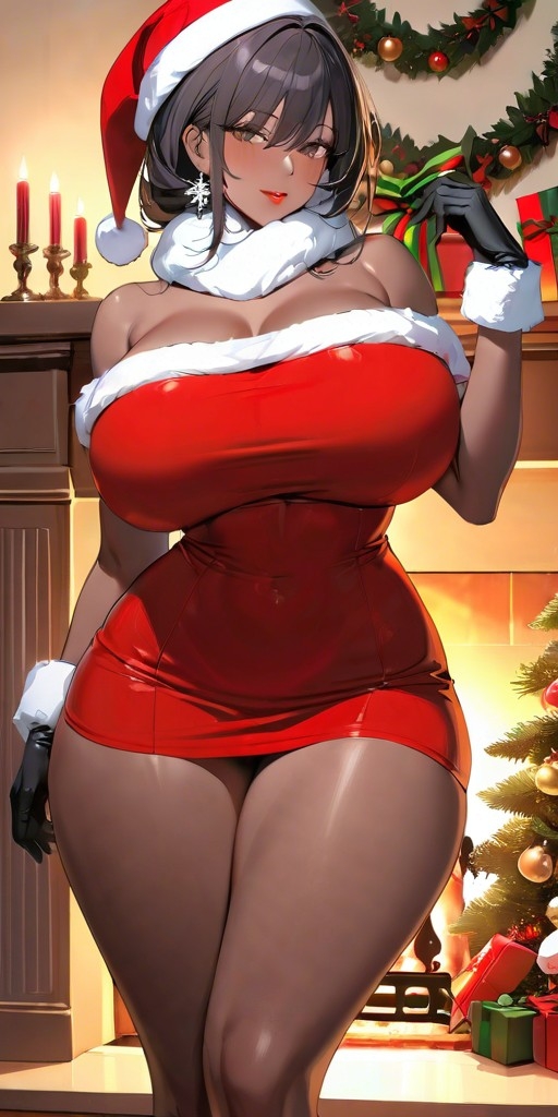 1girls ai_generated bare_legs bare_shoulders big_breasts black_gloves black_hair blush brown_eyes christmas christmas_clothing christmas_hat christmas_headwear christmas_lights christmas_outfit christmas_present christmas_tree commentary_request dark-skinned_female dark_hair dark_skin dress earrings female female_focus female_only fireplace fur_trim gloves hat indoors inside large_breasts lia_the_busty_redhead living_room long_hair looking_at_viewer makeup mature mature_female mature_woman minidress off_shoulder original original_character presents red_lips red_lipstick scarf seductive self_upload short_dress solo solo_female solo_focus tagme