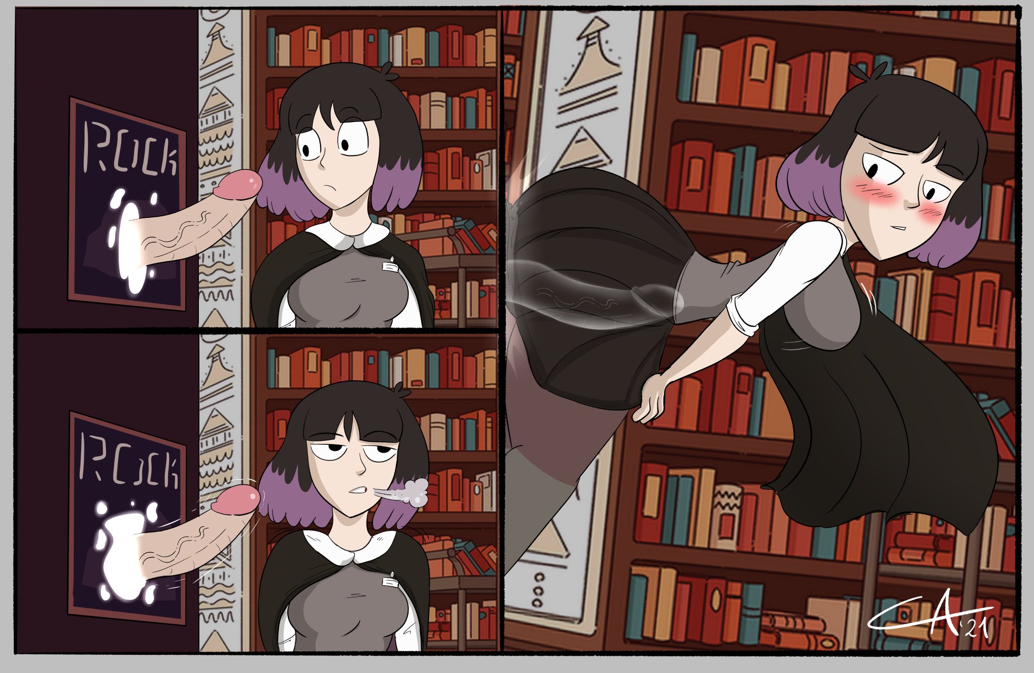 1boy, 1girls, ambiguous penetration, ameizing lewds, black hair, blush, clothing, commission, female, grey vest, hilda (series), hourglass figure, kaisa (hilda), light skin, light-skinned female, male, pantyhose, penetration, penis, purple hair, shocked, shocked expression, short hair, skirt, unseen male face, vest, voluptuous, watermark, witch