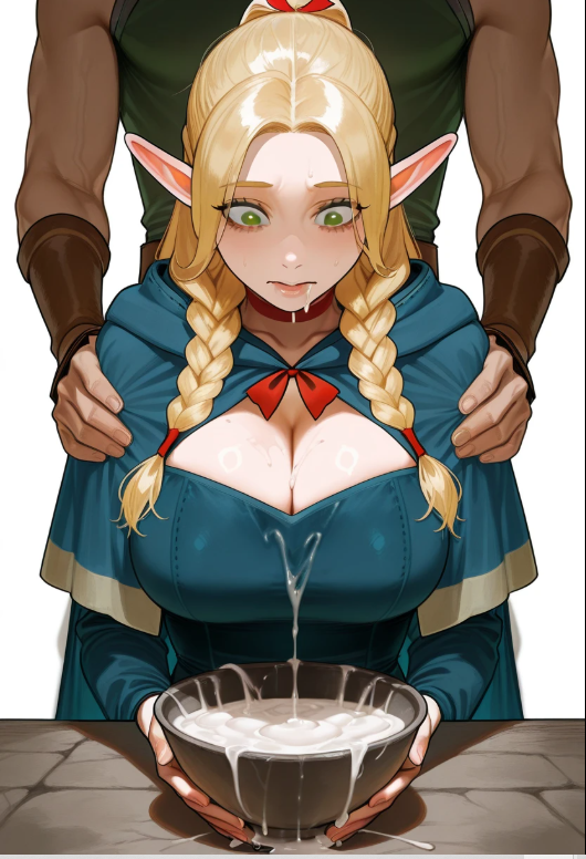 1boy 1boy1girl 1girls ai_generated big_breasts blonde_hair bowl braided_hair braided_pigtails breasts cape cleavage cum cum_in_bowl cum_in_container cum_on_food dungeon_meshi elf faceless_male female genital_fluids green_eyes humanoid imminent_gokkun large_breasts light-skinned_female light_skin marcille_donato pointy_ears simple_background solo thick_cum twin_braids white_background