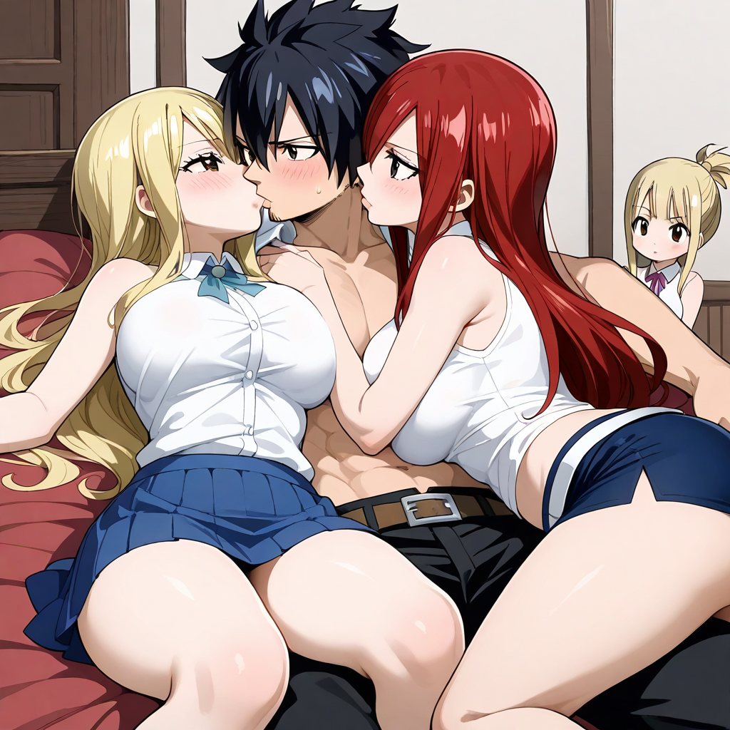 1boy 2girls ai_generated blonde_hair erza_scarlet fairy_tail female gray_fullbuster lucy_heartfilia male red_hair threesome