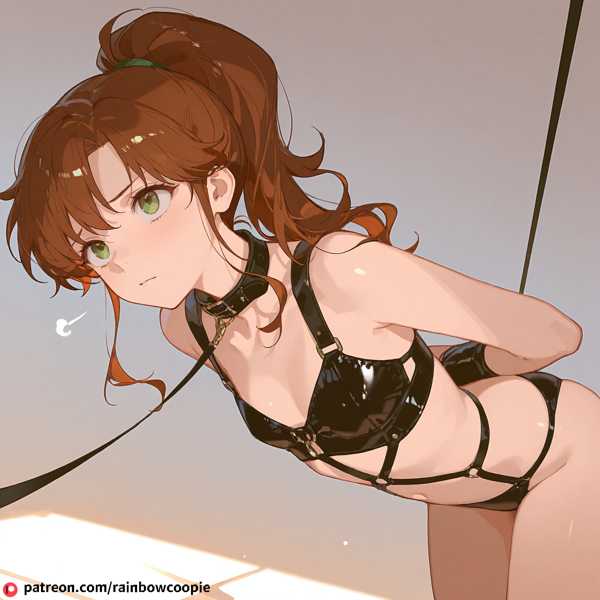 ai generated, bishoujo senshi sailor moon, bondage, bondage outfit, brown hair, collar, female, flat chest, green eyes, harness, leash, makoto kino, navel, ponytail, sailor jupiter, sigh