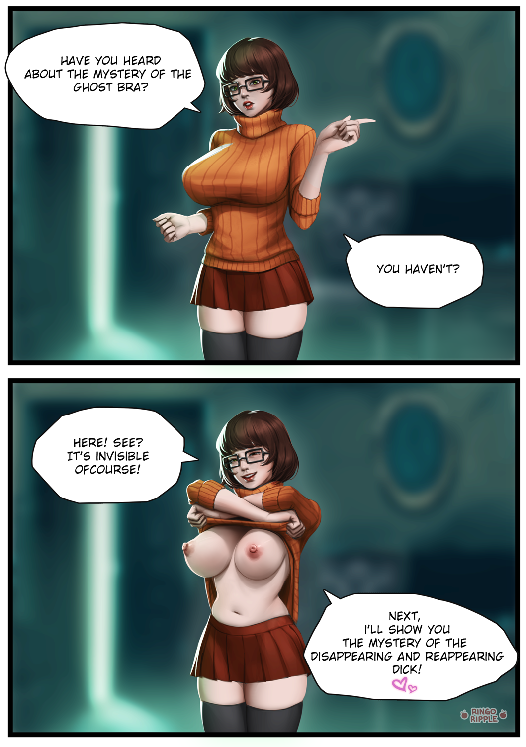 areolae big_breasts breasts busty comic flashing flashing_breasts glasses hanna-barbera hourglass_figure large_breasts legwear miniskirt nerd nerdy_female nipples no_bra ringoripple scooby-doo short_skirt short_sleeves sleeves_rolled_up speech_bubble stockings tagme topless velma_dinkley wide_hips