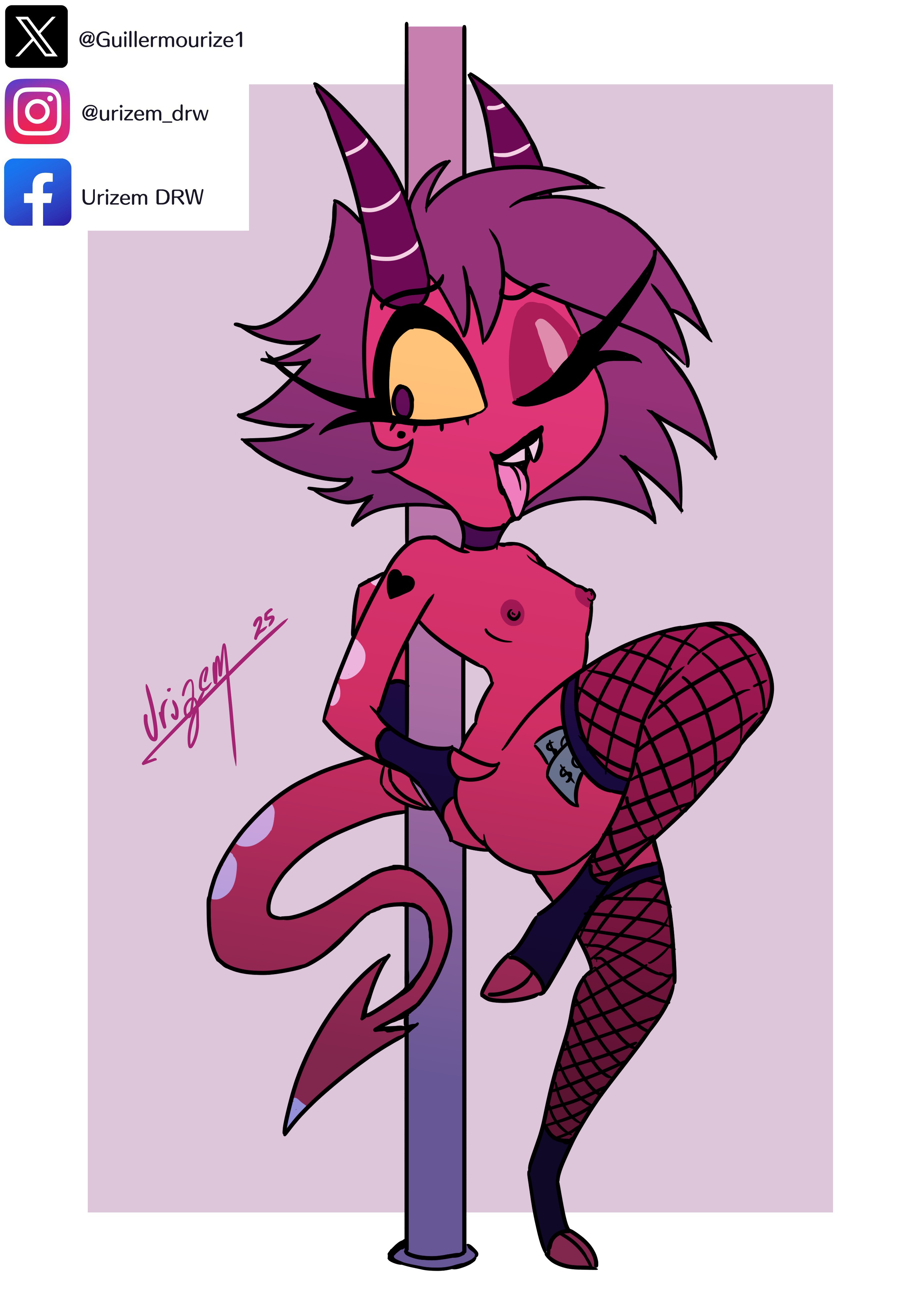 black legwear, breasts, cartoon, cartoon character, cartoony, dancer, dancer girl, demon, demon girl, demon tail, female, female imp, goth, goth girl, helluva boss, imp, imp girl, legwear, millie (helluva boss), nude, nude female, red skin, small breasts, small feet, stripper pole, tail, urizem, yellow eyes