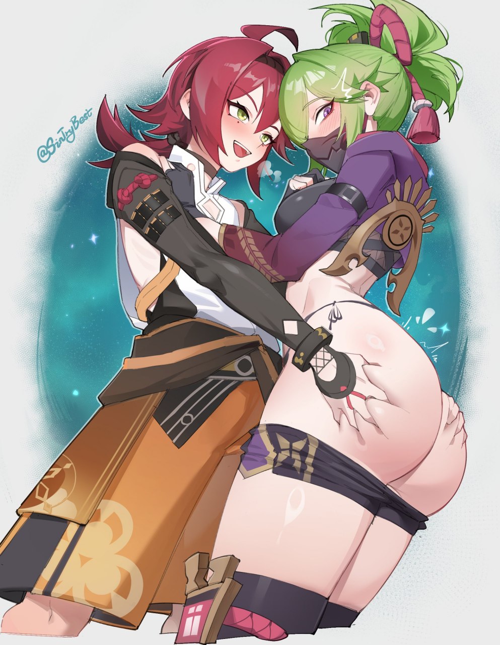 1boy, 1boy1girl, 1girl, ass, ass focus, ass grab, ass squeeze, big ass, blush, bubble butt, female, femsub, genshin impact, grabbing ass, green eyes, green hair, grope, groping, groping ass, kuki shinobu, light skin, male, male/female, maledom, purple eyes, red hair, shikanoin heizou, shorts down, sintrybest, small dom big sub, small waist, straight, submissive, submissive female, thick ass, thick thighs