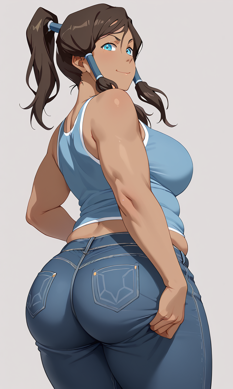 1girls ai_generated ass ass_focus avatar_legends big_breasts big_butt blue_clothing blue_eyes breasts brown_hair female female_focus female_only jeans korra large_ass large_breasts long_hair looking_at_viewer looking_back nickelodeon nicktoons ponytail slippyai smirk the_legend_of_korra water_tribe