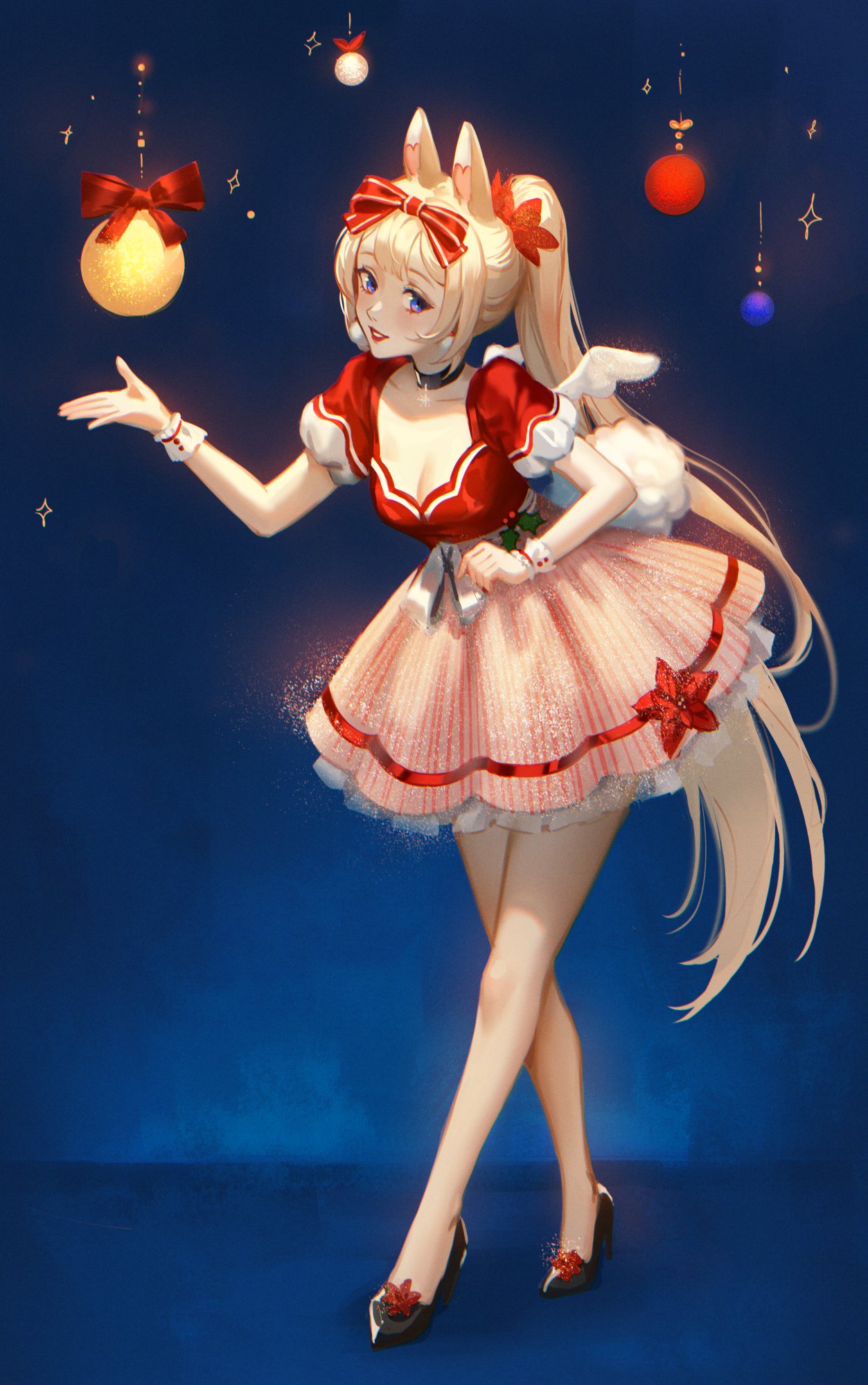 animal_ears bangs blonde_hair blue_background blue_eyes bow bracelet breasts christmas cleavage dress female frills full_body hairbow high_heels jewelry long_hair looking_at_viewer medium_breasts open_mouth ponytail puffy_short_sleeves puffy_sleeves red_bow ribbon shoes short_sleeves smile solo standing very_long_hair vyugen wrist_cuffs yenko