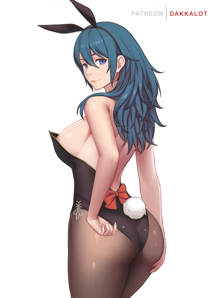 1girls animal_ears areola_slip areolae ass bangs bare_arms bare_shoulders black_hairband black_leotard blue_eyes blue_hair bow breasts brown_legwear bunny_ears bunny_girl bunny_tail bunnysuit byleth_(fire_emblem) byleth_(fire_emblem)_(female) cowboy_shot dakkalot fake_animal_ears fake_tail female fire_emblem fire_emblem:_three_houses from_behind hair_between_eyes hairband large_breasts leotard looking_at_viewer looking_back medium_hair nintendo pantyhose playboy_bunny red_bow smile solo strapless strapless_leotard tail teal_hair