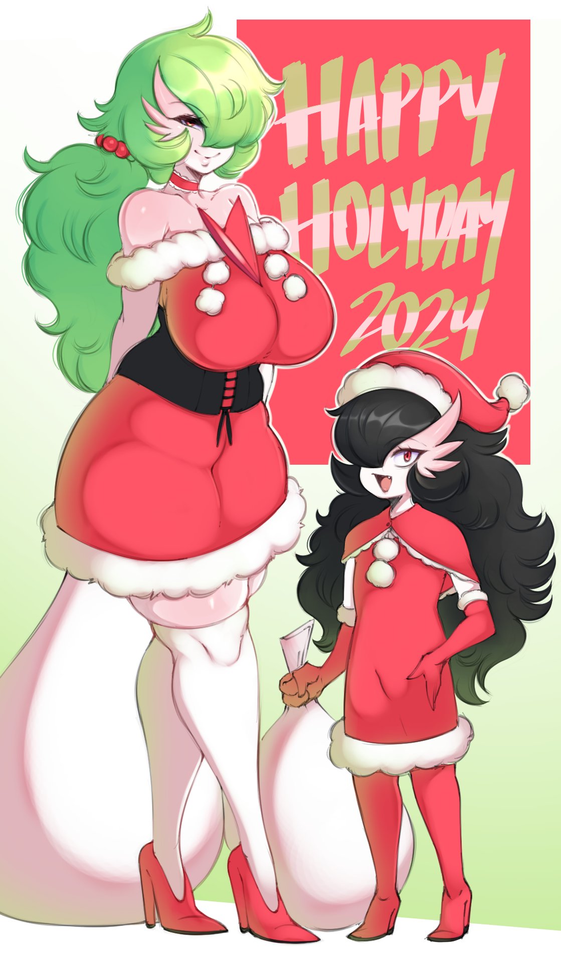 2girls amber_eyes anthro big_breasts black_hair christmas female female_only gardevoir generation_3_pokemon green_hair hair_over_one_eye happy_holidays heels height_difference hi_res long_hair looking_at_viewer nintendo pokemon pokemon_(species) ponytail red_eyes saltyxodium santa_costume santa_hat shortstack smiling smiling_at_viewer text thick_thighs thighhighs white_thighhighs wide_hips