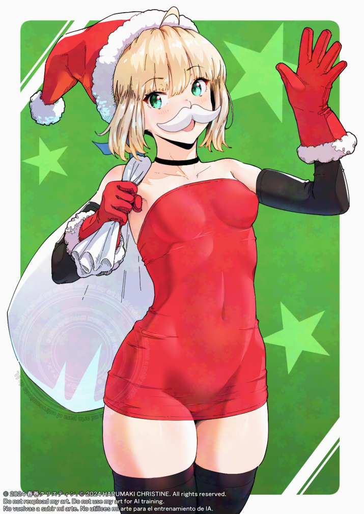 1girls ahoge areola_bulge artoria_pendragon bare_shoulders black_legwear black_stockings blonde_hair blush breasts choker christmas_hat christmas_outfit collarbone dress elbow_gloves excited fake_moustache fate/stay_night fate_(series) female female_only gloves happy hips legwear light-skinned_female light_skin looking_at_viewer nanahime navel_visible_through_clothes nipple_bulge no_bra one_hand_up open_mouth open_smile red_dress sack short_dress short_hair small_breasts smile solo standing stockings thick_thighs thighs tight_clothing tight_fit turquoise_eyes waist waving