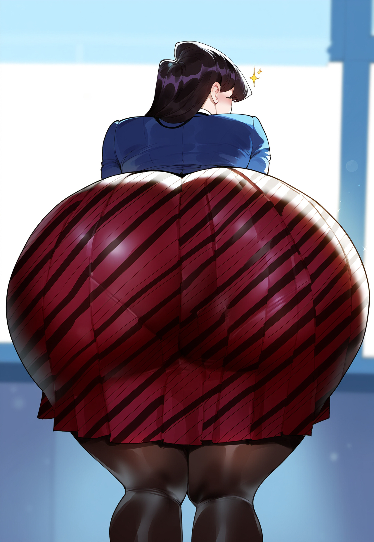 1girls, ai generated, ass, ass bigger than head, ass focus, big ass, black eyes, black hair, creamy ai, curvy, curvy female, fat ass, female, female only, komi shouko, komi-san wa komyushou desu, long hair, red skirt, skirt, solo, tagme