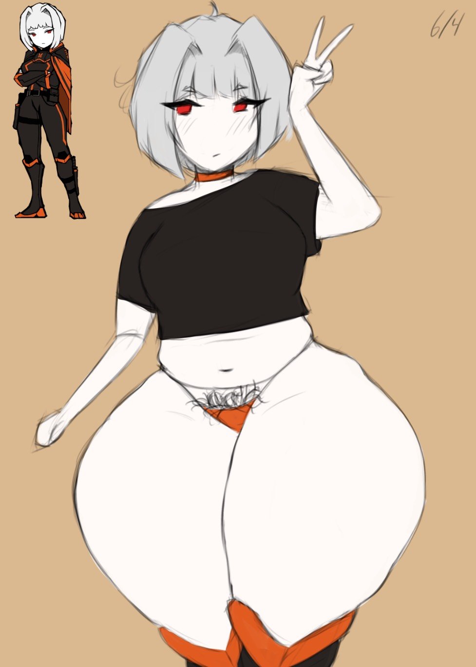 library_of_ruina lobotomy_corporation lumi_xiii myo_(lobotomy_corporation) orange_eyes peace_sign project_moon pubic_hair thick_thighs thighhighs white_hair white_skin