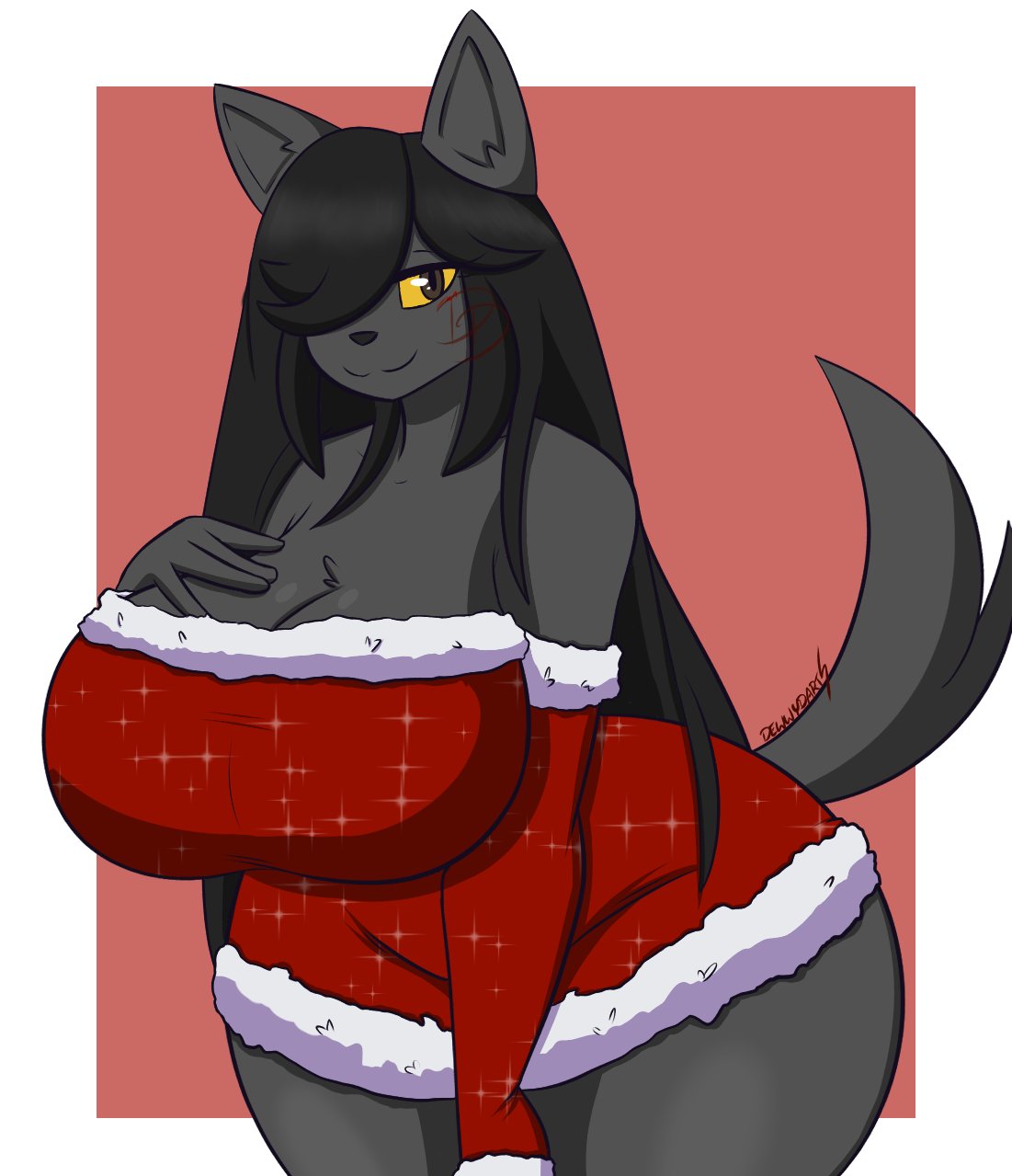 2024 anthro armwear big_ass big_breasts black_hair breasts brown_eyes bubble_butt canid canine canis christmas christmas_armwear christmas_clothing christmas_dress cleavage clothed clothed_anthro clothed_female clothing dee(dewwydartz) dee_(dewwydarts) dewwydarts dewwydartz dress female fur furry grey_body grey_fur hair hair_over_eye hi_res holidays huge_ass huge_breasts long_hair looking_at_viewer mammal milf solo thick_thighs wide_hips wolf yellow_sclera