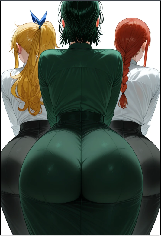 , 3girls ai_generated ass ass_focus back_view big_ass blonde_hair braid braided_hair chainsaw_man curvy dark_green_hair dat_ass dress fairy_tail female female_only fubuki_(one-punch_man) green_hair large_ass lucy_heartfilia makima_(chainsaw_man) mature_female one-punch_man original_character ponytail pov pov_male red_hair shirt_tucked_in shirt_tucked_in_skirt short_hair white_background