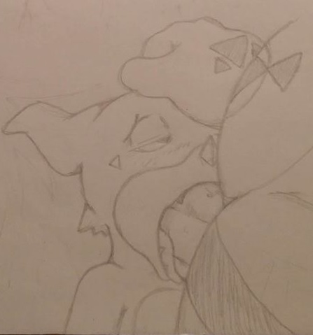 anthro bandai_namco digimon digimon_(species) duo fellatio genitals guilmon half-closed_eyes high-angle_view low_res male male/male narrowed_eyes oral penile penis sex size_difference skycroc tongue traditional_media_(artwork) veemon