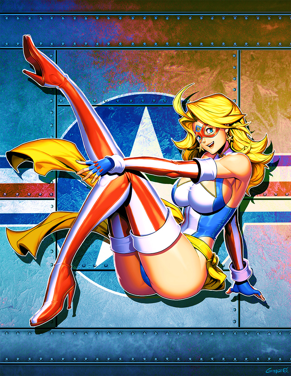 1girls big_breasts blonde_hair blue_eyes breasts charlotte_vanders female_focus female_only female_superhero genzoman kamen_america kamen_america_(character) kamen_america_(series) superhero superheroine tagme thighhighs