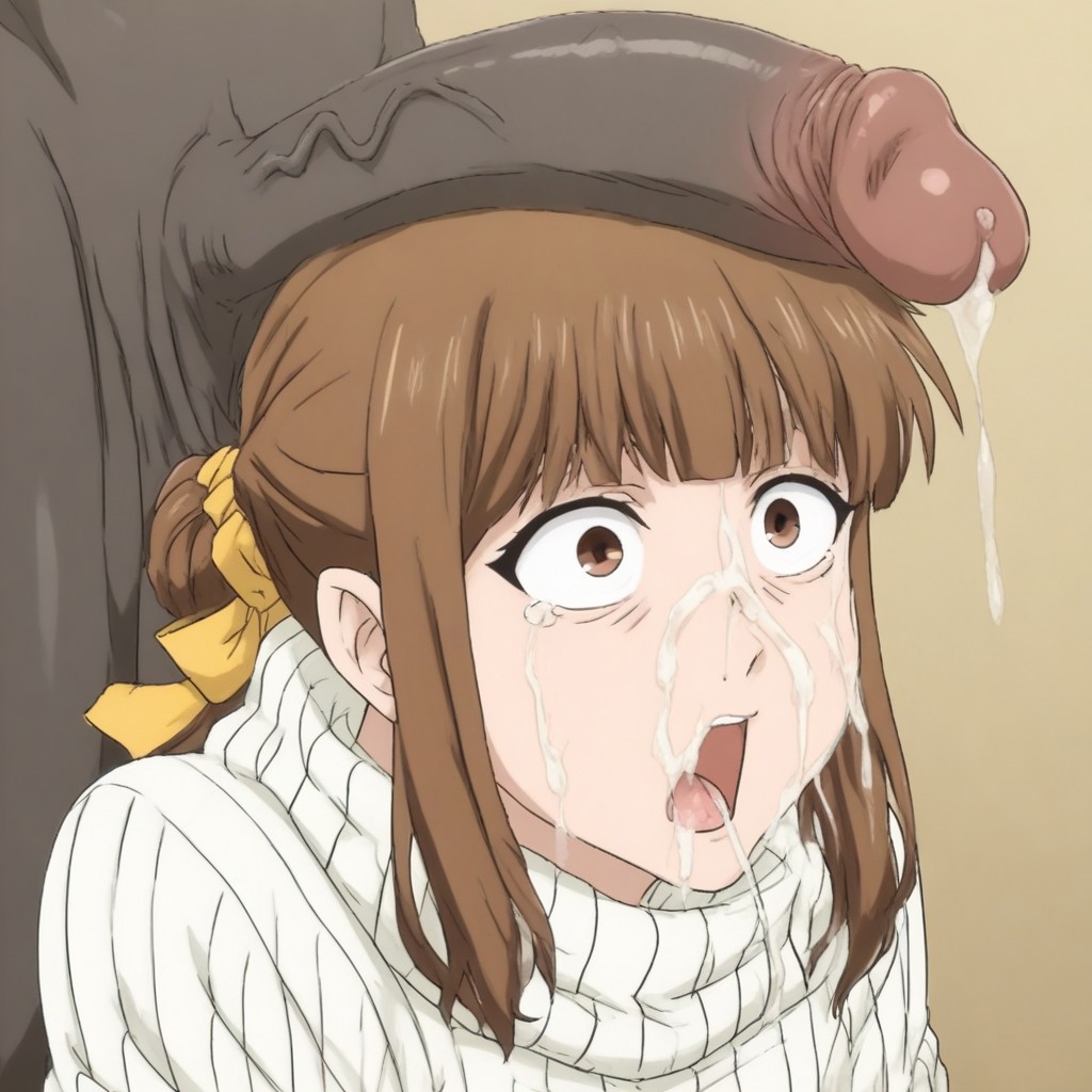 1boy 1girls ai_generated blue_lock brown_eyes brown_hair cock_shock crows_feet cum cum_on_face dark-skinned_male female isagi_iyo mature_female milfs older_female open_mouth penis penis_awe penis_on_head self_upload suprised sweater turtleneck women