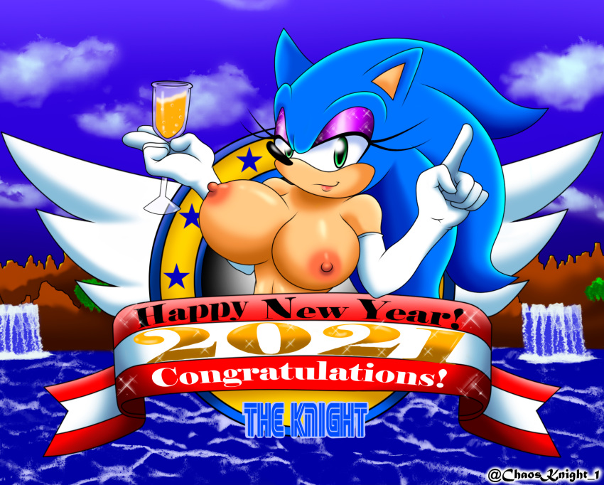 anthro big_breasts blue_hair breasts chaosknight_1 clothing cup eulipotyphlan eyeshadow female genderswap_(mtf) gloves green_eyes hair handwear hedgehog hi_res holidays humanoid lipstick makeup mammal new_year nipples pink_nipples rodent rule_63 sega solo sonic_(series) sonic_the_hedgehog sonic_the_hedgehog_(series) sonique_the_hedgehog video_games