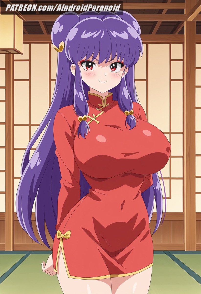 ai_generated aindroidparanoid ass big_ass big_breasts big_butt buns busty chinadress chinese_clothes curvy cute fat_ass female female_only hips huge_ass huge_breasts large_ass large_breasts legs long_hair makeup narrow_waist purple_hair ranma_1/2 red_eyes shampoo_(ranma_1/2) slim_waist stable_diffusion thick_ass thick_thighs tight_clothing voluptuous waist wide_hips