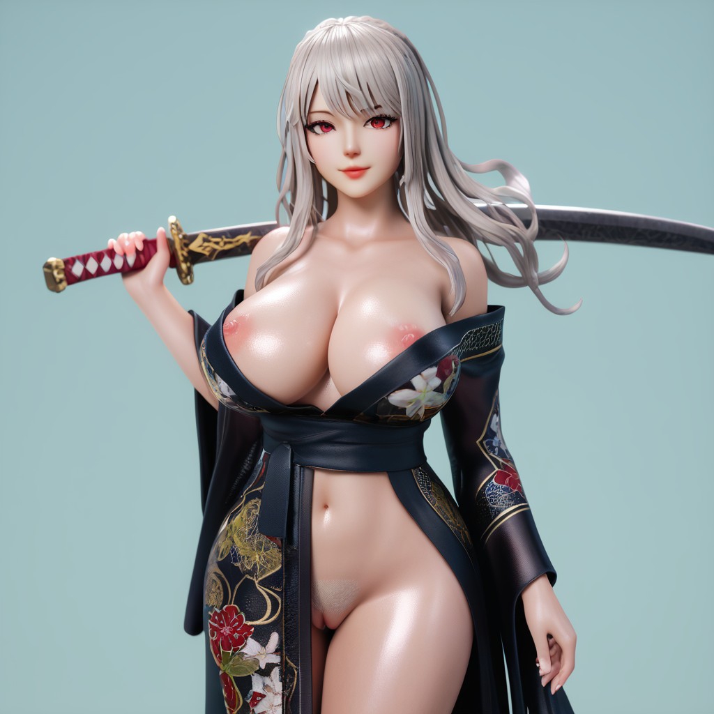 3d ai_generated big_ass big_breasts dodylh hairy_pussy huge_breasts katana kimono kimono_only looking_at_viewer original_character pink_nipples pink_pussy red_eyes red_lipstick shiny_skin simple_background thick_thighs visible_nipples visible_pussy voluptuous voluptuous_female white_hair