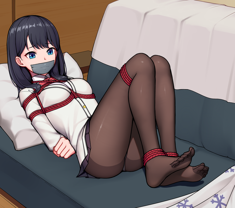 1girls arms_behind_back black_hair blue_eyes bondage bound clothed clothing feet female female_focus female_only gag gagged gbeeee helpless indoors long_hair lying_on_back on_back on_couch pantyhose pantyshot red_rope rope rope_bondage ssss.gridman tagme takarada_rikka tape tape_gag tied tied_legs tied_up worried