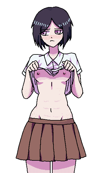 1girls black_hair blush danganronpa female_only flashing freckles mukuro_ikusaba nikkei_(artist) shirt_lift short_hair shy skirt small_breasts solo straight_hair