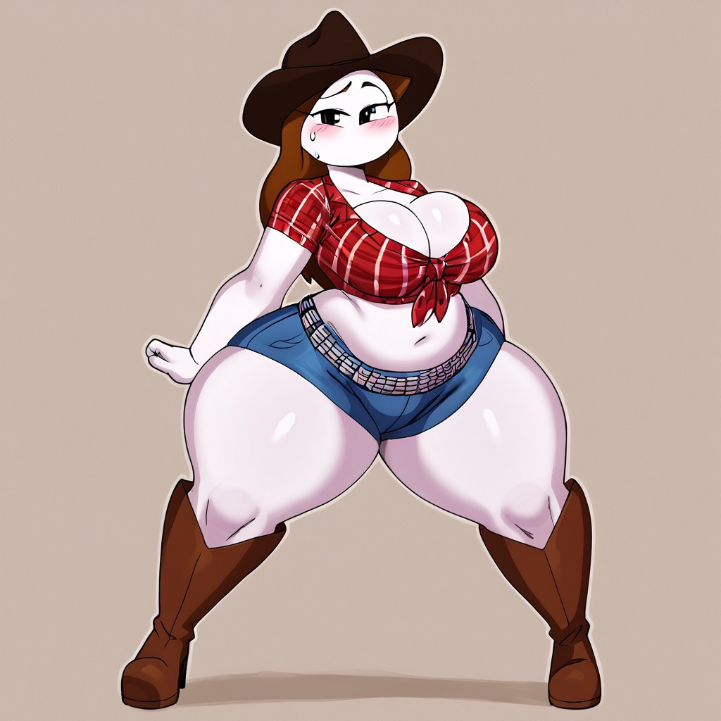 ai_generated blush boots booty_shorts farmgirl let_me_explain_studios mouthless no_mouth rebecca_parham shorts thick_thighs