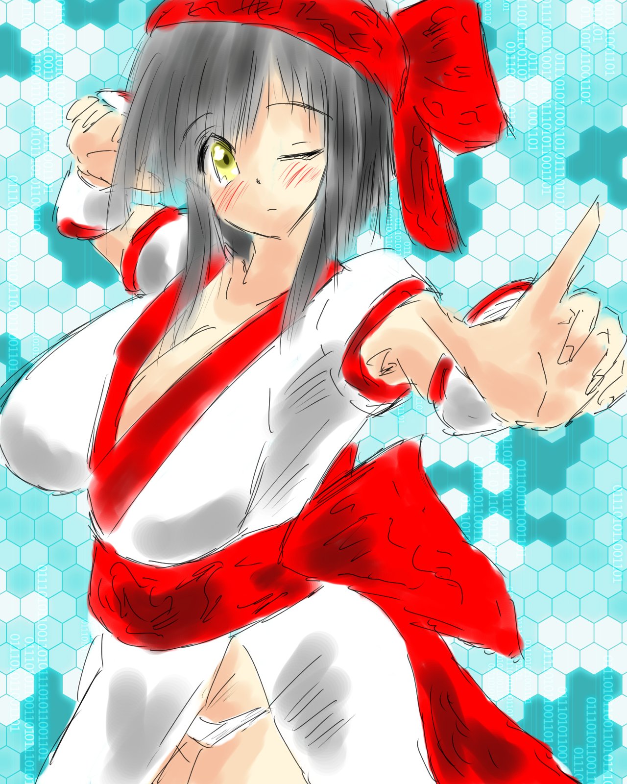 1girls ainu_clothes big_breasts black_hair blush breasts busty cleavage cosplay female female_only fingerless_gloves gloves hair_ribbon highres index_finger_raised king_of_fighters large_breasts legs looking_at_viewer nakoruru oekaki one_eye_closed original original_character outstretched_arm panties pantyshot ribbon samurai_shodown short_hair snk solo thighs underwear voluptuous white_panties yellow_eyes