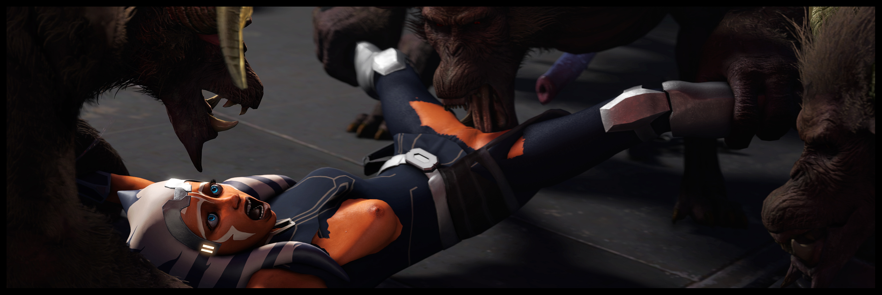 1girls, 3boys, 3d, 3d (artwork), ahsoka tano, assisted rape, breasts, clone wars, clothed sex, exposed breasts, exposed pussy, female, gangrape, half naked, held down, legs held open, lenaid, licking pussy, male, monster, nipples, no bra, no panties, pussy, rape, scared, size difference, star wars, surrounded, the clone wars: season seven, togruta, torn bodysuit, torn clothes