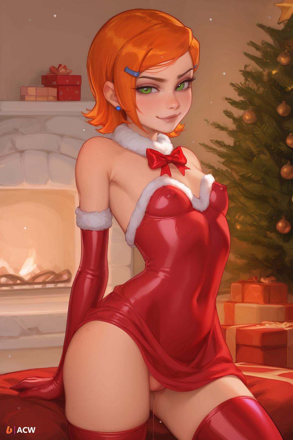 1girls acw ai_generated ben_10 bowtie choker christmas christmas_outfit dress elbow_gloves erect_nipples_under_clothes fur_trim green_eyes gwen_tennyson looking_at_viewer naughty_face orange_hair pussy pussy_juice pussy_juice_drip short_hair slim small_breasts smile smug solo_female thighhighs young