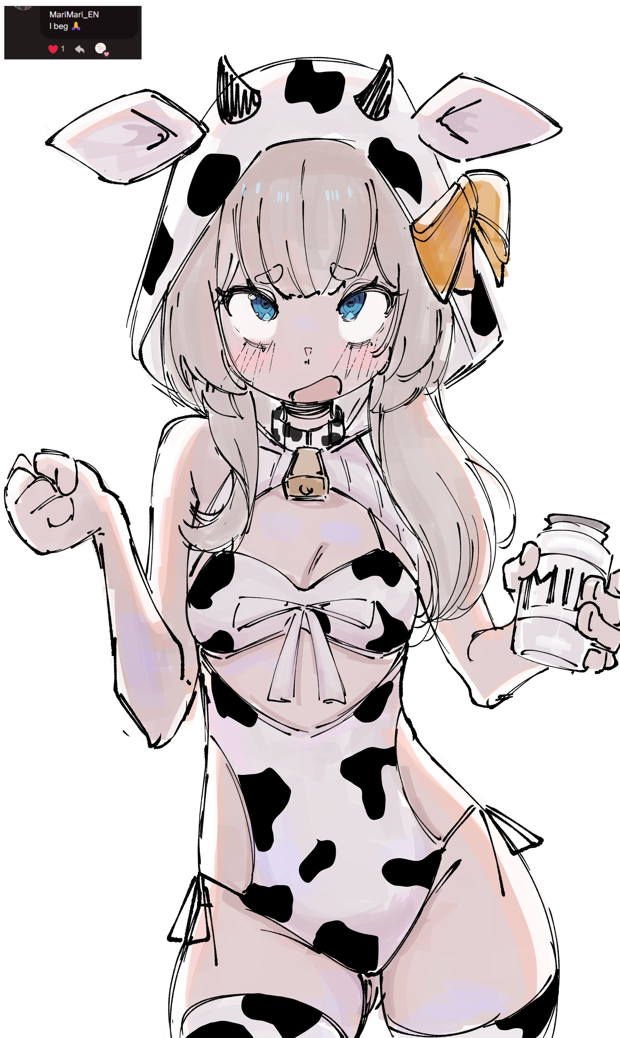 1girls, animal hood, animal print, bare hips, blonde hair, blue eyes, blush, bottle, bow, breasts, cleavage, cow print, cow print thighhighs, female, froq, hood, looking up, marimari en, milk bottle, one-piece swimsuit, open mouth, orange bow, phase connect, phase invaders quest, print thighhighs, small breasts, swimsuit, thighhighs, thighs, virtual youtuber, vtuber