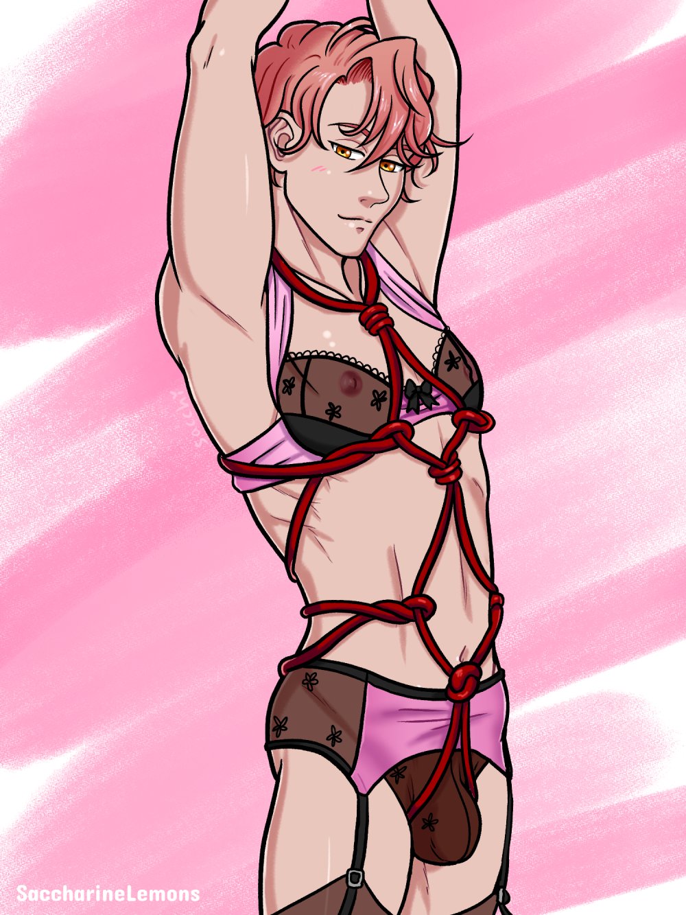 1boy asmodeus asmodeus_(obey_me) bedroom_eyes bondage bra crossdressing garter_straps human human_only lingerie male male_only obey_me!_one_master_to_rule_them_all panties pink_hair rope_bondage sacchilemons solo_male stockings tagme yellow_eyes