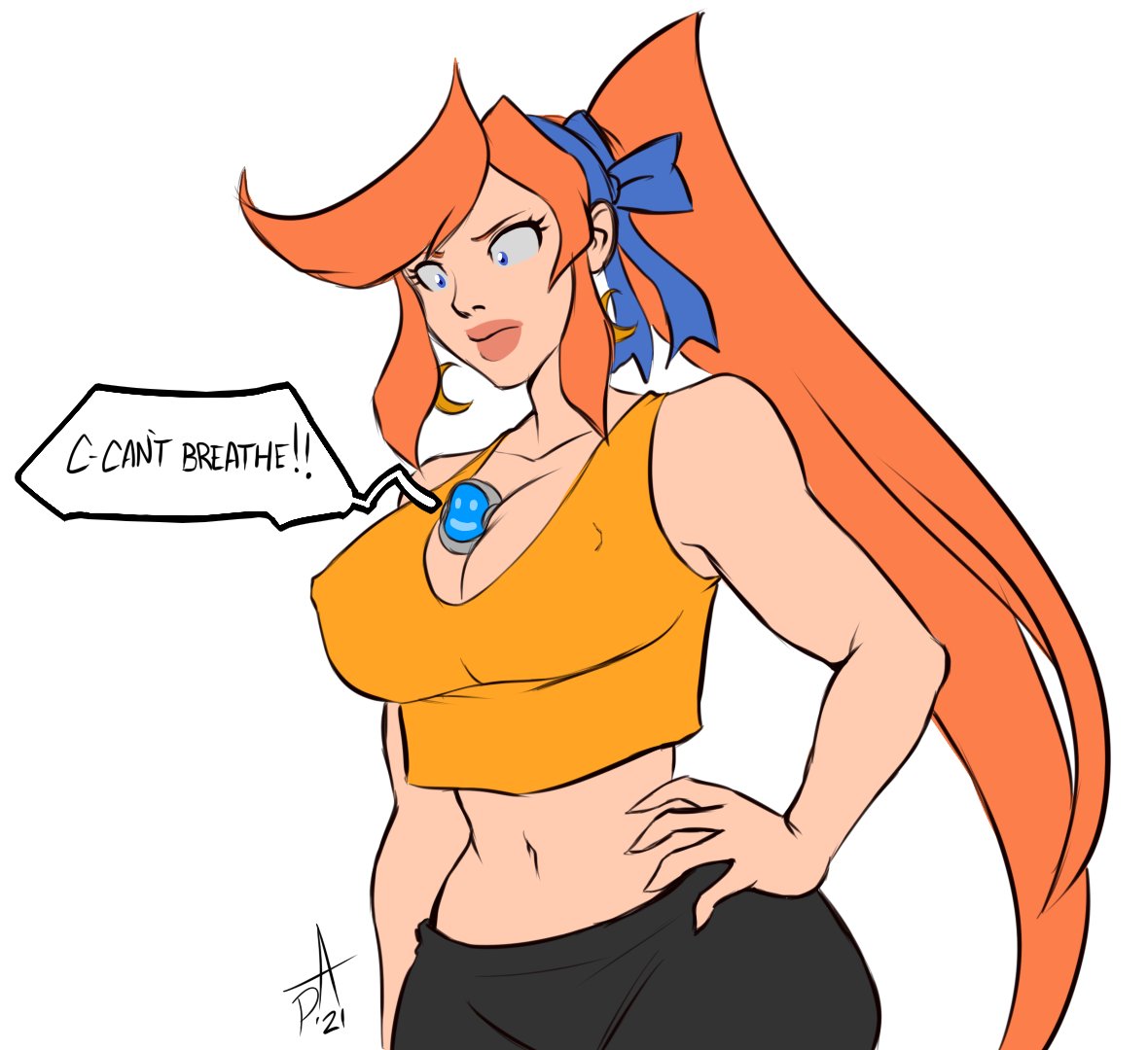 annoyed annoyed_expression asphyxiation athena_cykes athletic athletic_female big_breasts blue_eyes capcom cleavage constriction erect_nipples female female_focus ginger_hair gyakuten_saiban gym_clothes hair_ribbon hair_ribbons hair_tie hand_on_hip irritated marshmallow_hell midriff midriff_baring_shirt nipples_visible_through_clothing ponytail pranky simple_background solo_female sweat_pants sweatpants tank_top voluptuous widget_(gyakuten_saiban) workout workout_clothes yellow_shirt yellow_tank_top