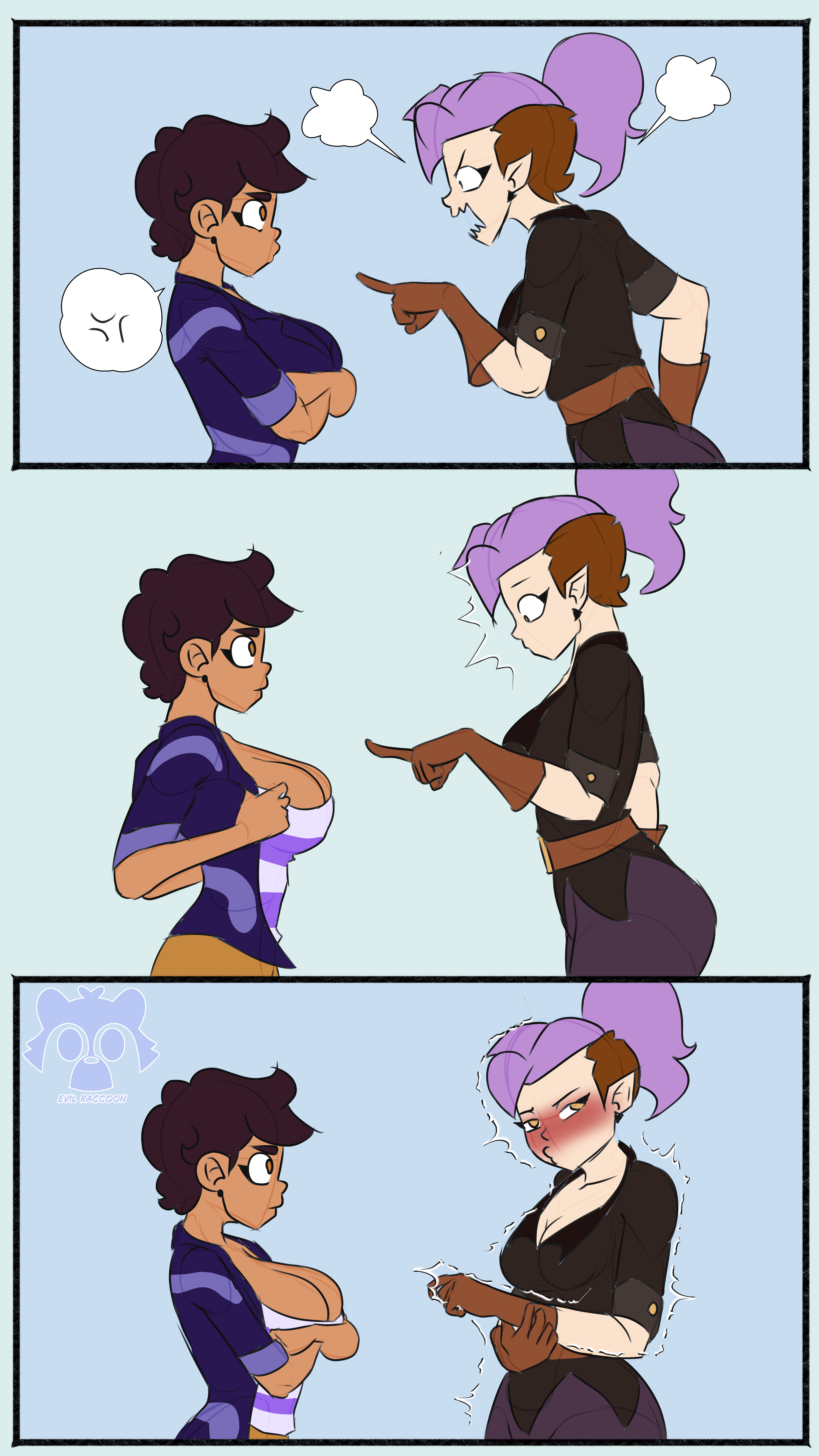 2girls, amity blight, big breasts, blush, comic, convenient breasts, dark skin, dyed hair, evil raccoon, female, female only, gloves, latina, luz noceda, massive breasts, medium breasts, meme, multiple girls, pale skin, pointy ears, ponytail, purple hair, short hair, the owl house, witch